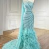 Turquoise One Shoulder Overskirt Beaded Feather Evening Dress