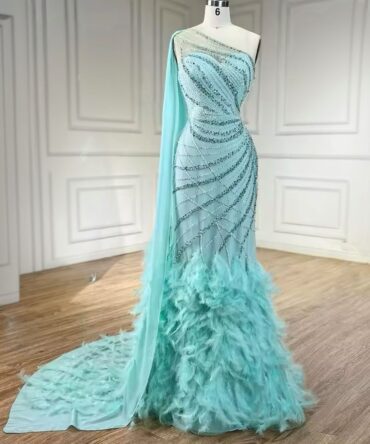 Turquoise One Shoulder Overskirt Beaded Feather Evening Dress