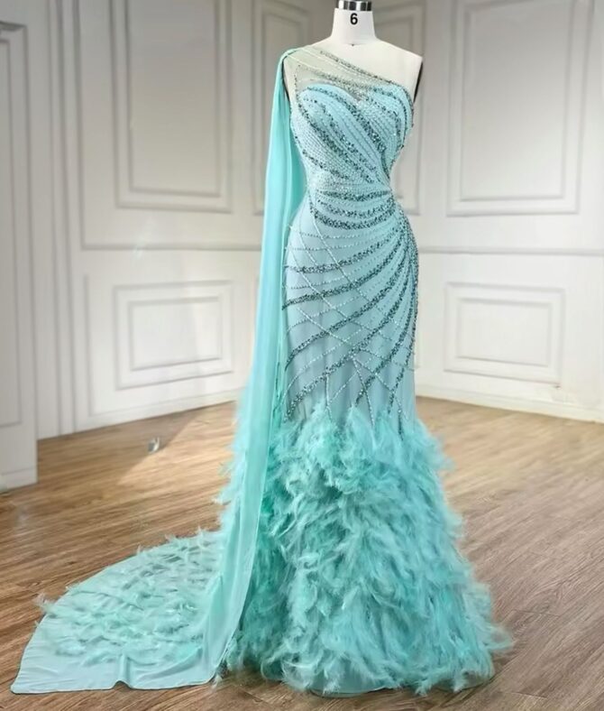 Turquoise One Shoulder Overskirt Beaded Feather Evening Dress