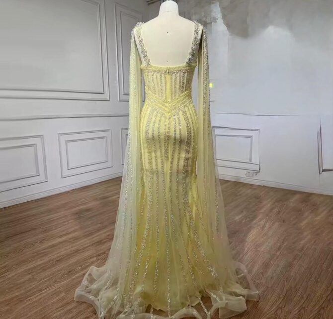 Luxury Cape Sleeve Crystal Beaded Evening Dress - Image 3