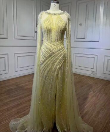 Luxury Cape Sleeve Crystal Beaded Evening Dress