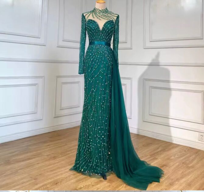 Dark Green Waist Slim Evening Dress - Image 4