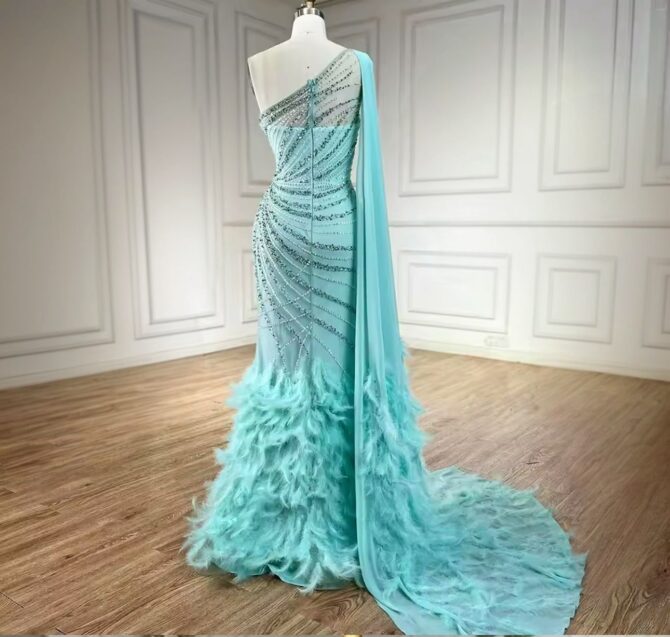 Turquoise One Shoulder Overskirt Beaded Feather Evening Dress - Image 3