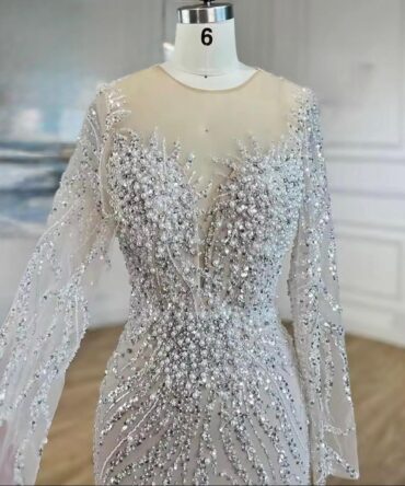 Grey Nude Mermaid Luxury Lace and Pearl Dress