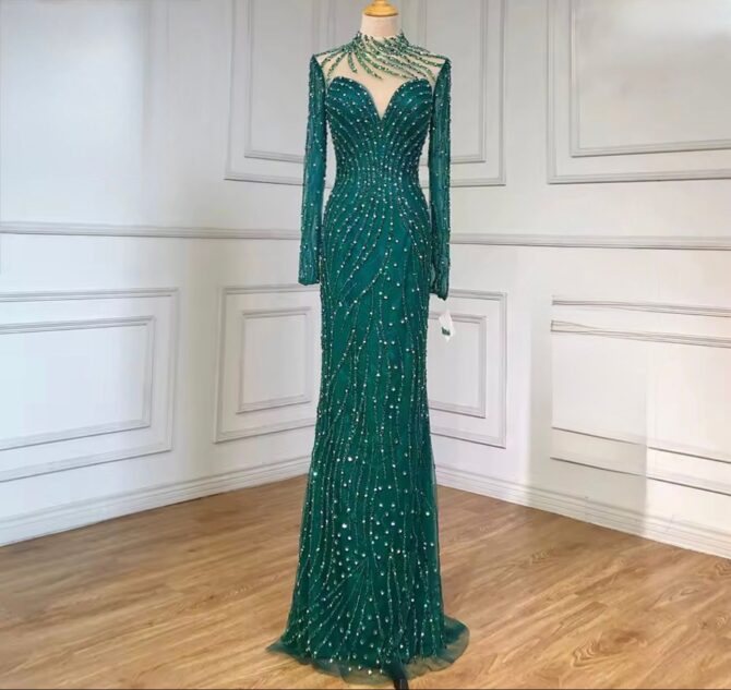Dark Green Waist Slim Evening Dress - Image 3