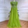 Green Beaded Long Sleeve Evening Dress