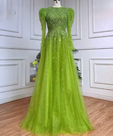 Green Beaded Long Sleeve Evening Dress